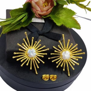 52m Natural Freshwater Pearl Designer Sun Earrings Sun Burst Pendant Real Gold Plated Handmade Bridal Bridesmaid Party Wear Sun Jewelry Gift
