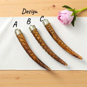 92mm Hand-Carved Brown Bone Spike Pendant | Buffalo Bone Tribal Horn Tusk with Metal Cap | Boho Ethnic Jewelry Making Supply | Design A B C