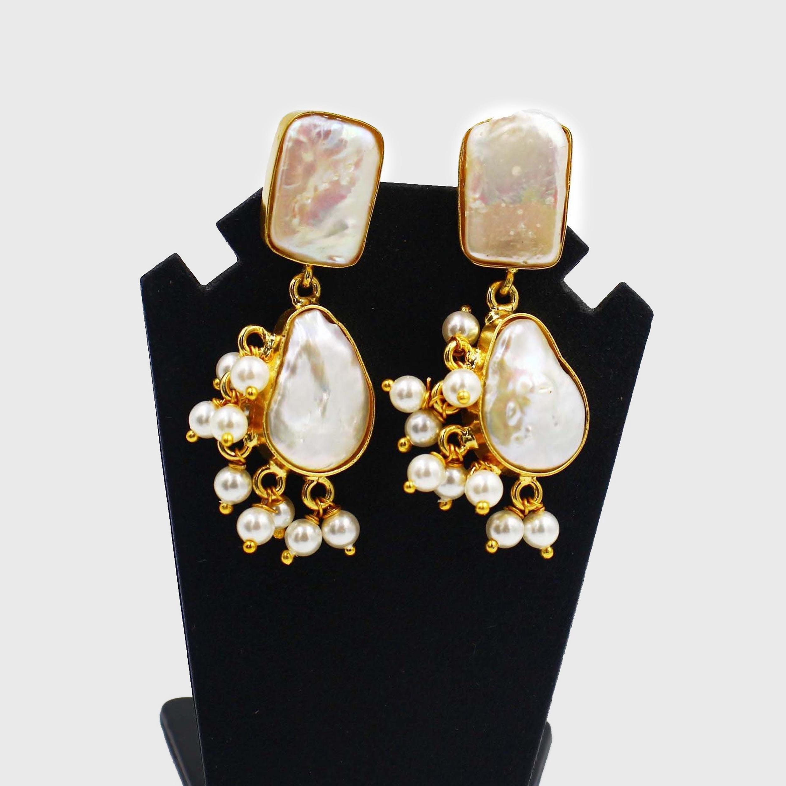 Boucles D'oreilles En Plaqué Or Avec Perle Baroque D'eau Douce Orange - Fait Main #1503