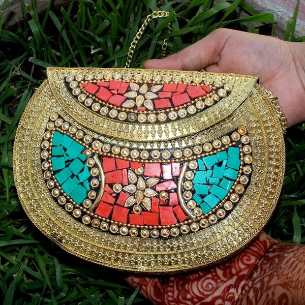 5.9x7.5" Tibetan Brass Coral & Turquoise Inlaid Bag / Tibetan Gemstone Mosaic Purse / Golden Clutch/ Nepali Handmade Bag / Bohemian Boho Bag