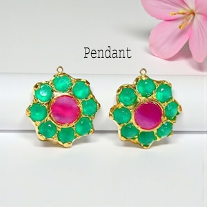 Colgante con dije de piedra verde y rosa y conector de doble aro, chapado en oro de 22 quilates, suministros para joyería artesanal, fornituras para aretes y collares, joyería DIY