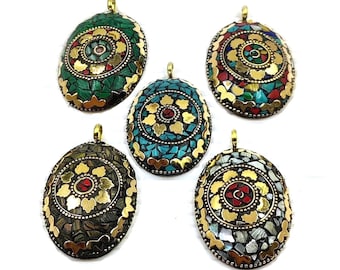 May include: Five oval-shaped pendants with intricate mosaic designs. Each pendant features a central flower motif surrounded by smaller floral details. The pendants are made of brass and feature a variety of colors, including green, blue, red, and gold.