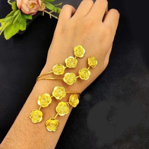 Real Gold Plated Handmade Rose Flower Cuff Bracelet Designer Floral Cuff Bangle Wedding Bracelet  Adjustable Statement Bracelet Gift Idea