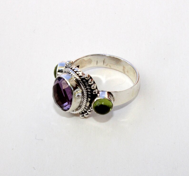 Sterling Silver Natural Amethyst /& Peridot Ring Semi Precious Gemstone Ring Febraury Birthstone Size US 7.5 Gift For Her GSR40