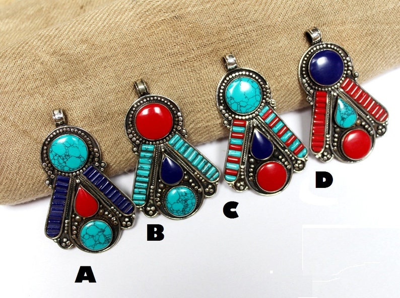 Nepal Tibetan Pendant with Turquoise Lapis /& Coral Inlays Handmade Tibetan Nepali Jewelry Large Bohemian Pendant Ethnic Tribal Pendant
