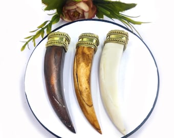 Ethically Sourced Buffalo Bone Tooth Pendant Handcrafted White & Brown Bone Pendant Bohemian Pendant DIY Jewelry Making Supplies Gift Idea