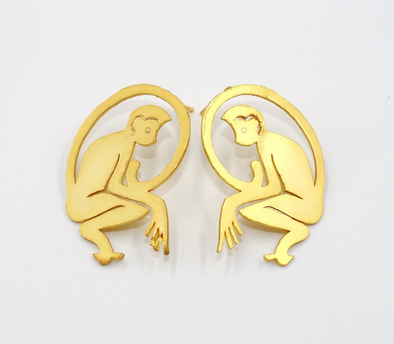 22kt Gold Plated Monkey Hoop Earrings 40x38mm Handcrafted Designer Animal Earrings Gift For Animal Lovers Animal Jewelry Gift Idea