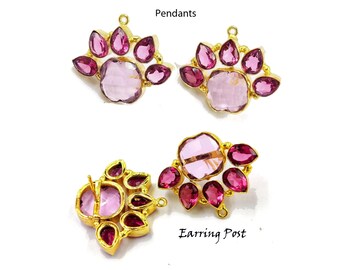 Pendientes de poste y pendientes de botón de 6 piedras de cuarzo rosa rubelita bañados en oro real, suministros para hacer joyas, componentes para hacer joyas