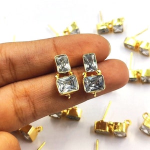 Multi Color Quartz & CZ Earrings Post | 22kt Gold Plated Handmade Two Stone Connector Post Stud | DIY Jewelry Supplies | Earring Findings