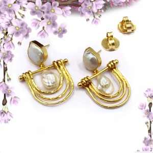 Freshwater Baroque Pearl Statement Earrings, 45mm 22Kt Gold Plated Handmade Pearl Bridal-Wedding Earrings, Bridesmaid Earrings, Gift For Her