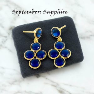 1.29" Bezel Set Multi Quartz Round Cut Stone Earrings, 18kt Gold Plated Tanzanite Earrings, Five Stone Earrings, Gift Idea, Everyday Jewelry September- Sapphire