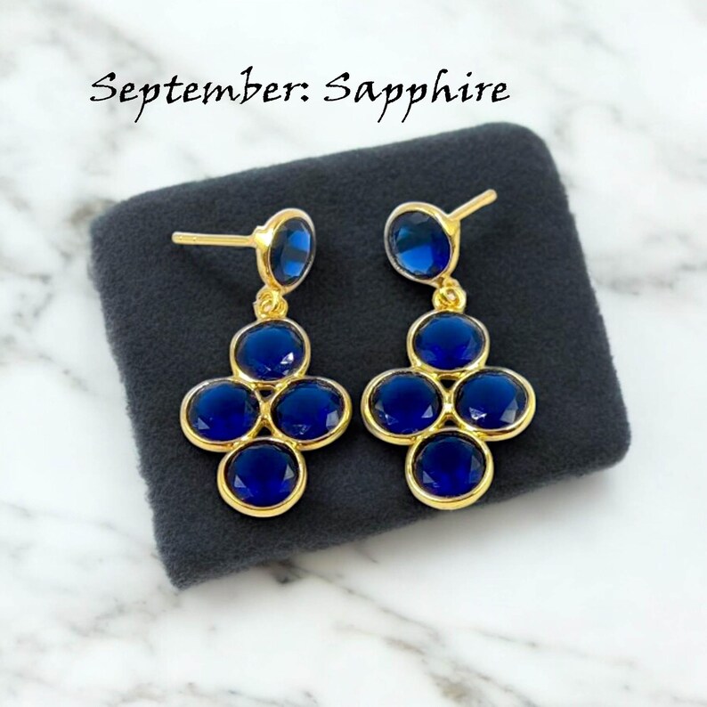 1.29" Bezel Set Multi Quartz Round Cut Stone Earrings, 18kt Gold Plated Tanzanite Earrings, Five Stone Earrings, Gift Idea, Everyday Jewelry September- Sapphire