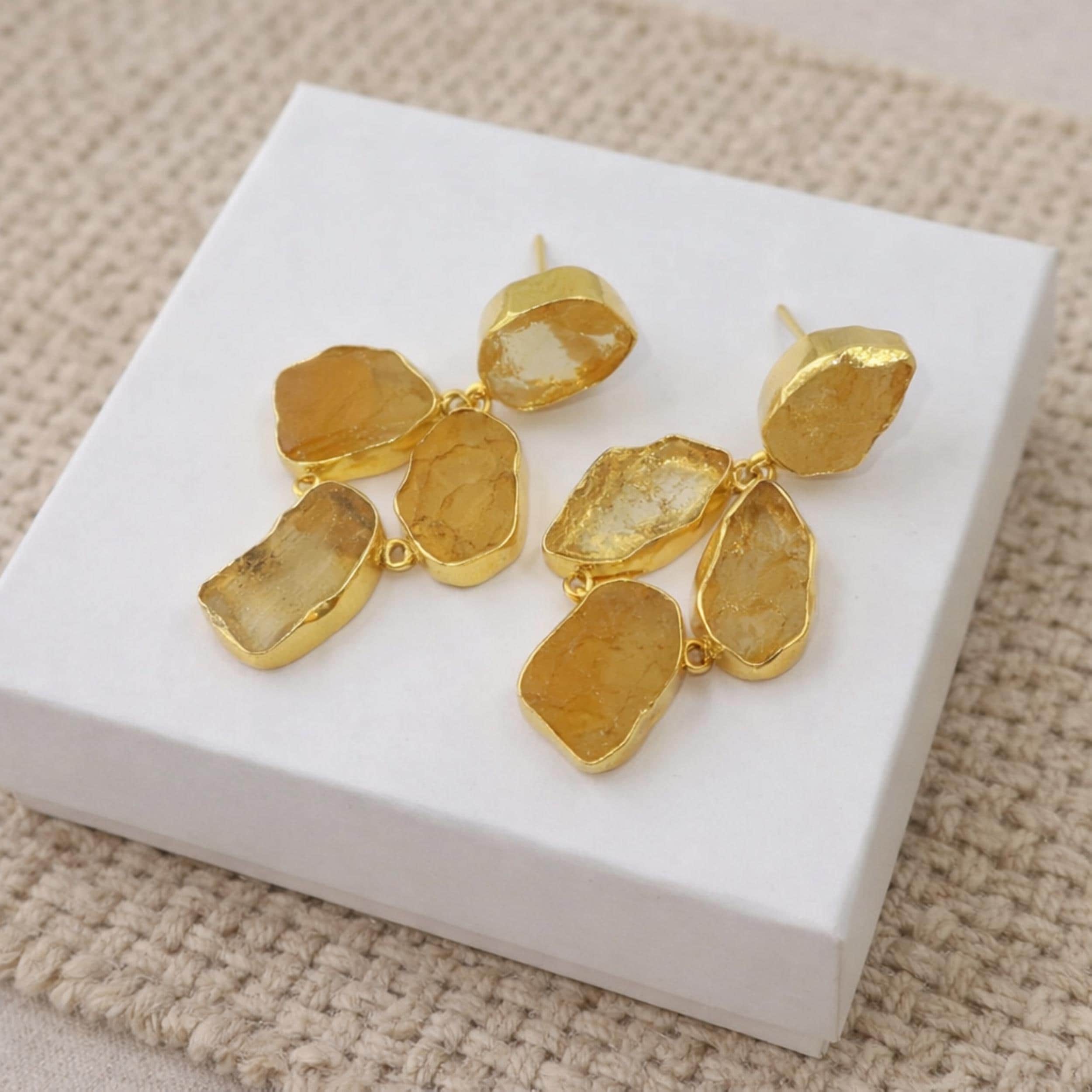 Natural Raw Citrine Earrings 43mm Rough Gemstone Earrings 22kt Gold Plated Handmade Four Stone Earrings Boho Statement Jewelry Gift for Her