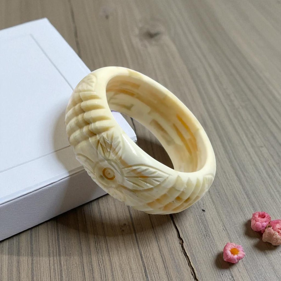Ethically Sourced Buffalo Bone Hand Carved Flower Bangle | Large Bone ...