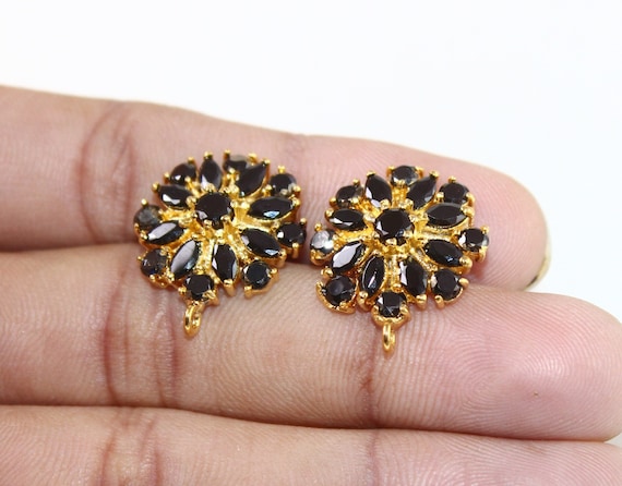 22kt Gold Plated Black Stone Earrings Post | 22kt Gold Plated Handmade Prong Set Flower Stud Earrings | DIY Jewelry Making Supplies | Gift