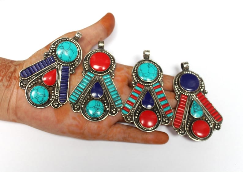 Nepal Tibetan Pendant with Turquoise Lapis /& Coral Inlays Handmade Tibetan Nepali Jewelry Large Bohemian Pendant Ethnic Tribal Pendant