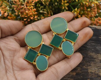 Multi Color Chalcedony Earring Post Stud Earrings & Pendant | 22Kt Gold Plated Handcrafted Natural Gemstone Jewelry Supplies | Choose Color