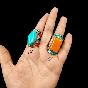 Turquoise Lapis & Coral Tibetan Silver Ring Handmade Tribal Fusion Nepali Ring Ethnic Tribal Statement Ring Bohemian Nepalese Jewelry Gift