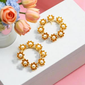 Gold Floral Hoop Earrings with Pearls | Lotus Flower Circle Studs | 22Kt Gold Plated Statement Earrings | Bridal Wedding Jewelry | Gift Idea