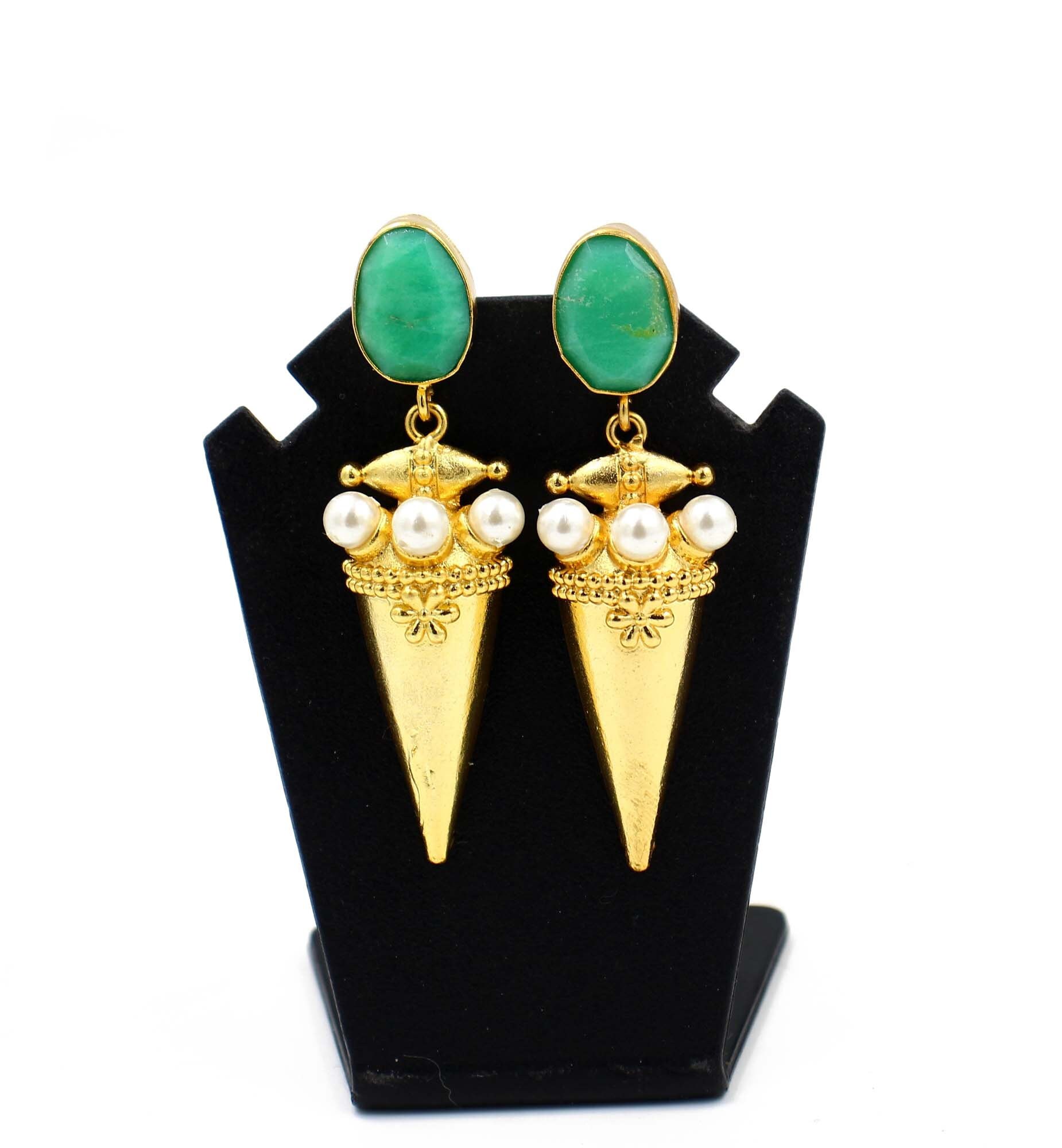58mm Chrysoprase Natural Gemstone Designer Earrings Real Gold