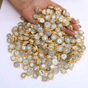 10 Pcs 14 -16 mm 24K Gold Electroplated Edge Natural White Solar Quartz Stalactite Slice Connector, Double Loop Pendant