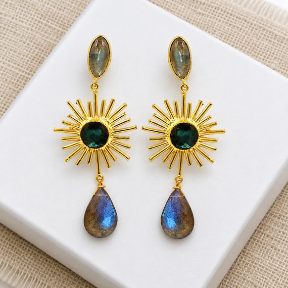 Labradorite Sunburst Earrings 18kt Gold Plated Handcrafted Designer Earrings Bridesmaid Dangle Earrings Wedding Earrings February Birthstone