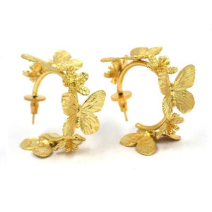 22kt Gold Plated Butterfly & Flower Hoop Earrings | Handmade Floral Hoop Earrings | Designer Hoop Earrings | Bridal - Wedding Jewelry LG41