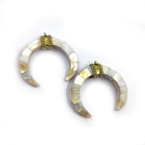 Brass Mother of Pearl & Bone Crescent Horn Pendant | Large Boho Statement Charm | 68x71mm DIY Jewelry Making Supply | Jewelry Findings BH105