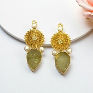 38mm Raw Lemon Quartz & Shell Pearl Earring Pendant Real Gold Plated Handmade Flower Earring Connector Jewelry Finding DIY Jewelry Supplies image 2