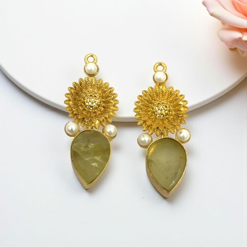 38mm Raw Lemon Quartz & Shell Pearl Earring Pendant Real Gold Plated Handmade Flower Earring Connector Jewelry Finding DIY Jewelry Supplies image 2