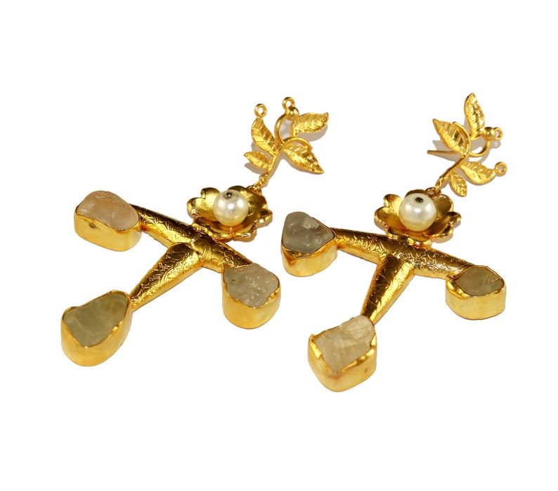 3.42 22kt Gold Plated Natural Raw White Topaz Flower Earrings Three Rough Gemstone Earrings November Birthstone Gift Idea RO74