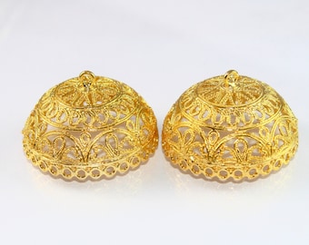 1 Pair 22kt Gold Plated Large Dome Shaped Filigree Jhumkis / 28x40mm Jhumka Earrings Connector / Jewelry Findings / DIY Jewelry Making