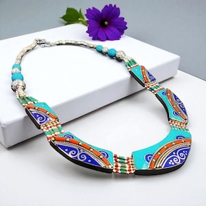 Handmade Tibetan Necklace | Colorful Tribal Inlay Jewelry | Boho Ethnic Statement Necklace | Turquoise Coral Lapis Design | Festival Jewelry