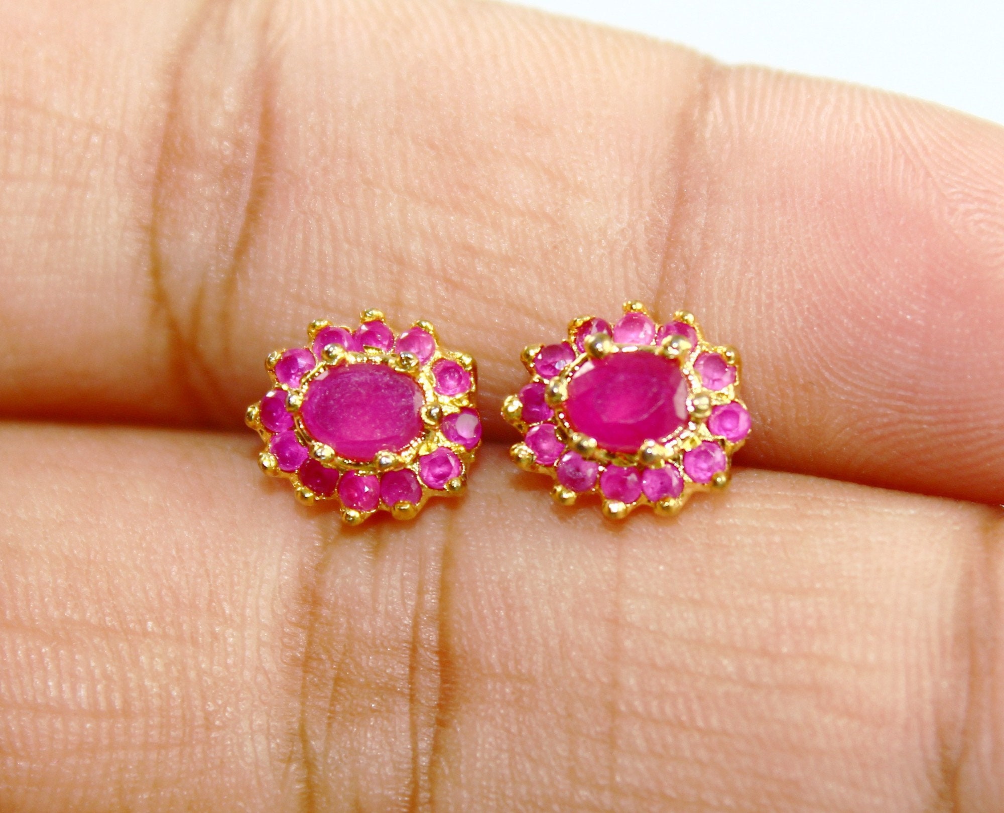 Pink Semiprecious Gemstone Stud Earrings / 10x9mm 22kt Gold Etsy