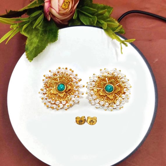 Pearl Cluster Stud Earrings Real Gold Plated Handmade Multi  display picture 1