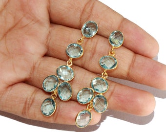 2.36" Faceted Aqua Quartz Bezel Set Long Oval Earrings / Six Stone Gold Earrings / Bridal-Wedding Jewelry/ Gemstone Earrings/ Gift Idea LE56