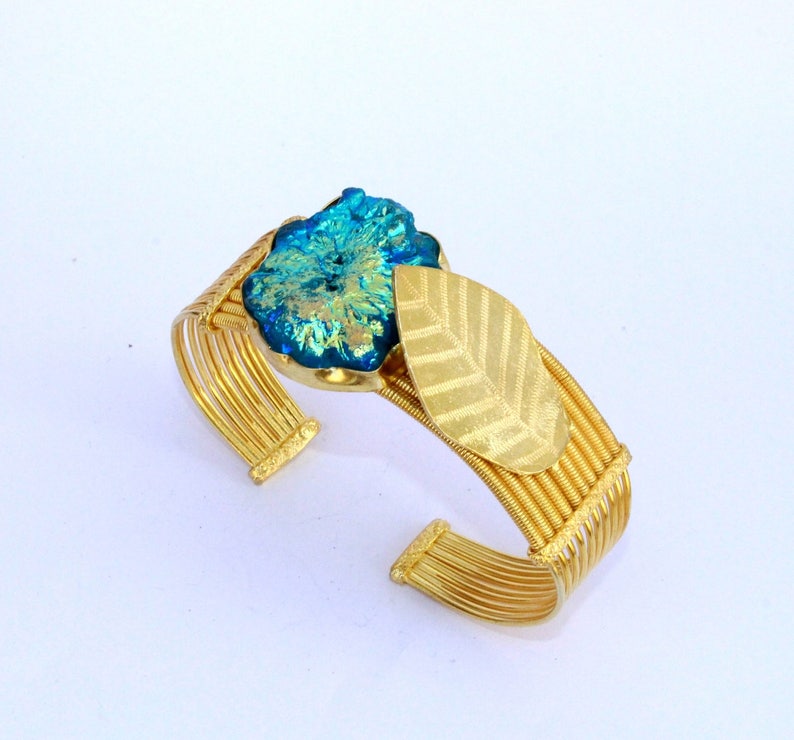 Swiss Blue Titanium Solar Quartz Cuff Bracelet Gold Leaf Bracelet Adjustable Bangle Bracelet Statement Bracelet Gift For Her BB50