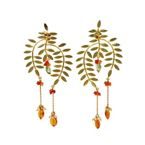 4.5&quot; Natural Carnelian White Topaz Green Amethyst & Orange Qtz Wire Wrapped Gemstone Beaded Earrings Gold Plated Handmade Long Vine Earring