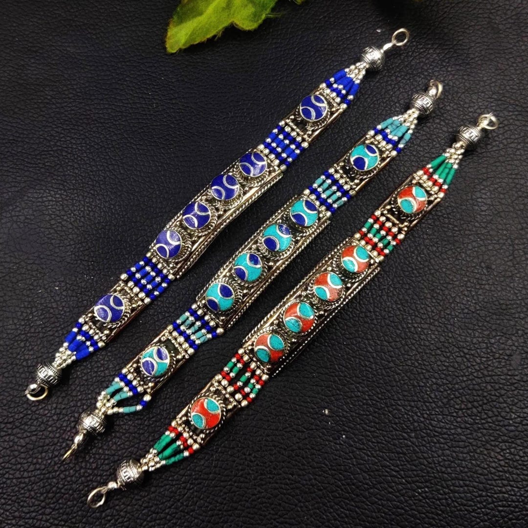 Tibetan Nepalese Bracelet With Turquoise Coral & Lapis Inlay