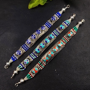 Tibetan Nepalese Bracelet with Turquoise Coral & Lapis Inlay | Boho Tribal Festival Jewelry | Handmade Himalayan Bracelet | Gift for her