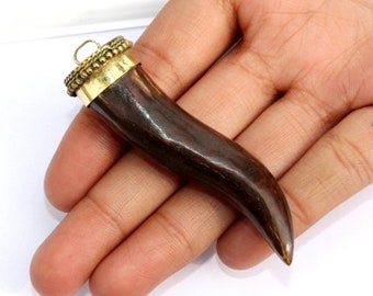 Ethically Sourced Buffalo Brown Bone Pendant, 65-70x19mm Dotted Brass Capped Bone Horn Pendant, Bone Tooth Pendant, DIY Necklace, Gift Idea