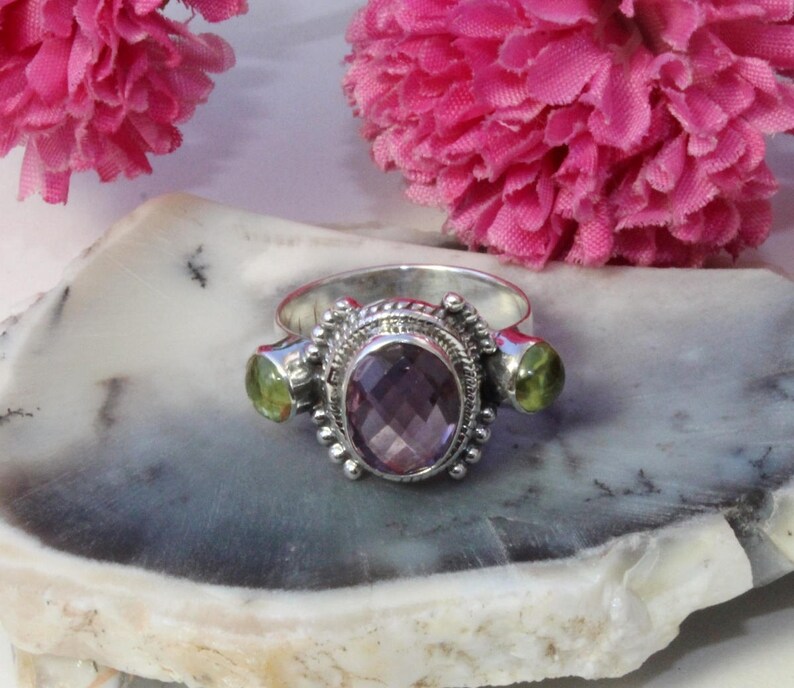 Sterling Silver Natural Amethyst /& Peridot Ring Semi Precious Gemstone Ring Febraury Birthstone Size US 7.5 Gift For Her GSR40