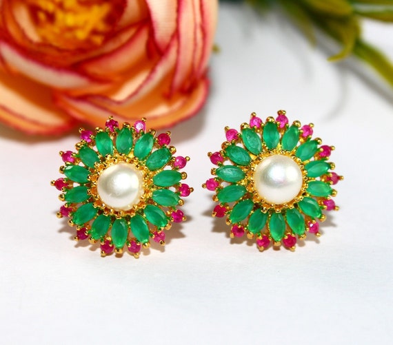 Pearl Pink Green Stone Prong Set Flower Earrings Post N Stud