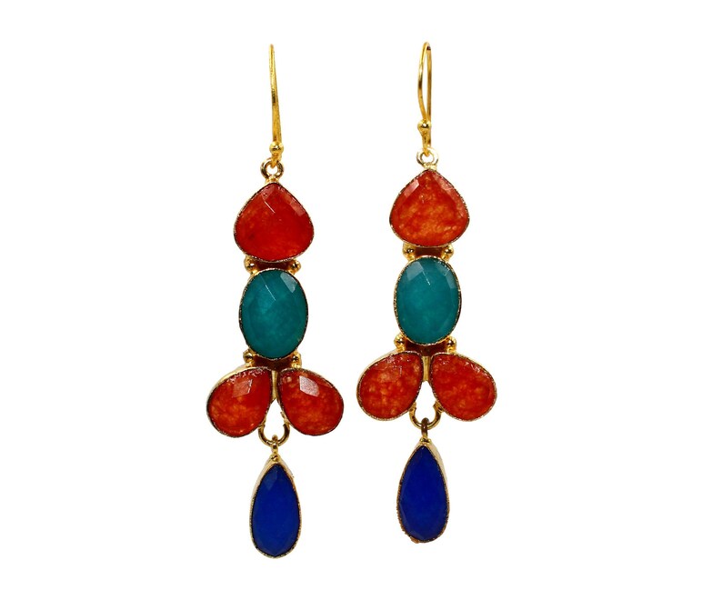 22kt Gold Plated Multi Color Chalcedony Earrings 82x22mm Five Gemstone Gold Earrings Wedding Earrings Bohemian Earrings Gift For Her