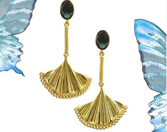 London Blue Quartz Designer Fan Earrings | 67mm 22kt Gold Plated Handmade Designer Earrings | Bridesmaid n Wedding Earrings | Gift for her