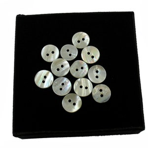 May include: A collection of 12 white mother of pearl buttons with two holes each, displayed on a black velvet background.
