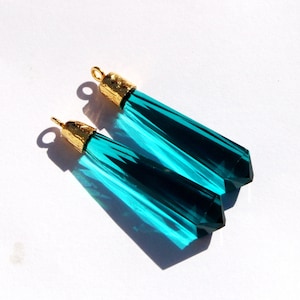 1 Pair 41mm 22kt Gold Capped Teal Green Quartz Faceted Fancy Chandelier Pendants, Single Loop Earring Connectors, DIY Earrings, DIY Jewelry