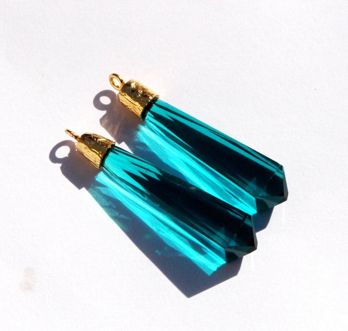 1 Pair 41mm 22kt Gold Capped Teal Green Quartz Faceted Fancy Chandelier Pendants, Single Loop Earring Connectors, DIY Earrings, DIY Jewelry