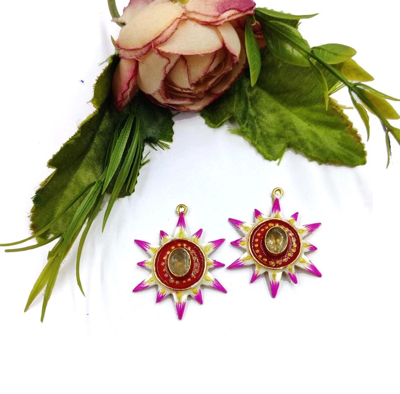 36mm Handpainted Pink White & Red Sun Pendant and Connectors Handmade