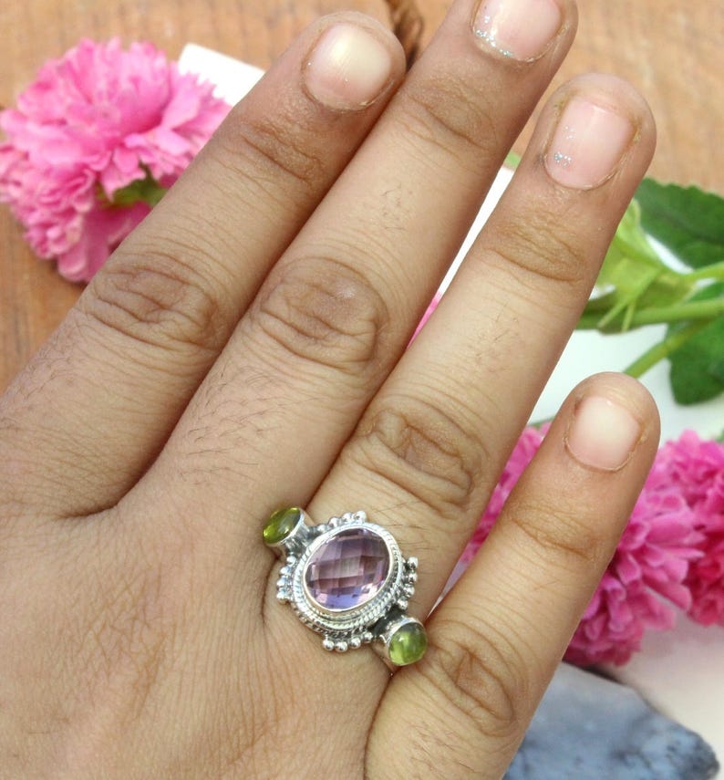 Sterling Silver Natural Amethyst /& Peridot Ring Semi Precious Gemstone Ring Febraury Birthstone Size US 7.5 Gift For Her GSR40